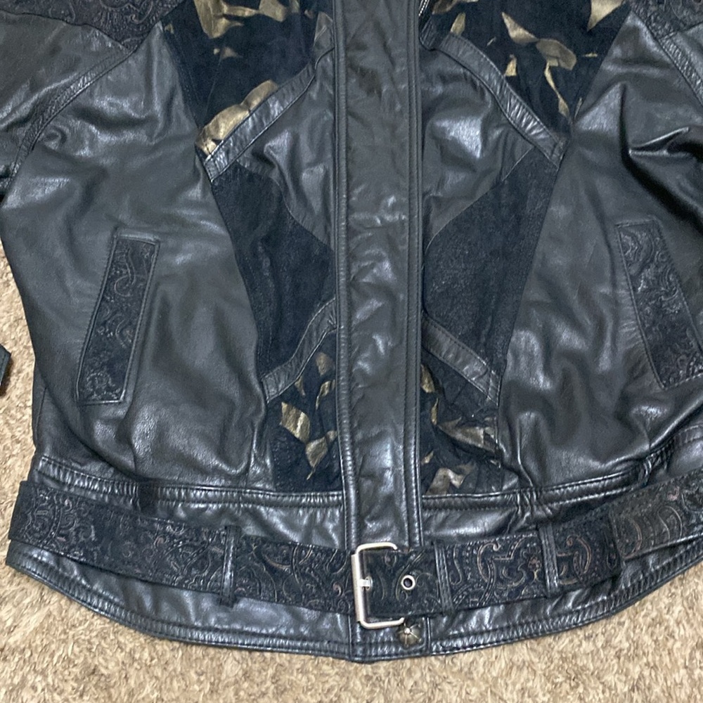 Vintage Nevada Blue Black Cut Design Pattern Leather Jacket Size L - Picture 4 of 12